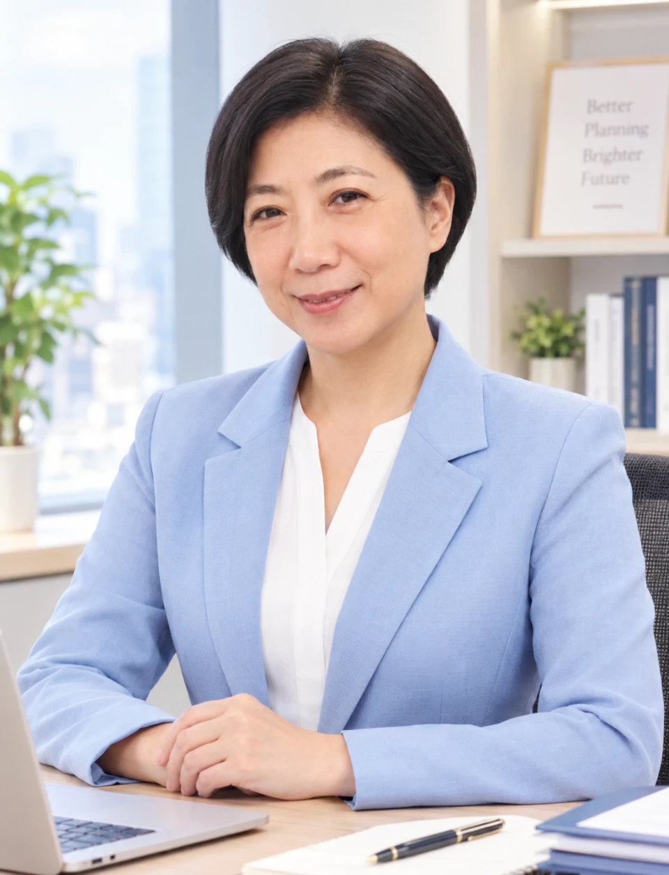周啟玲的照片：穿淺藍色西裝外套，坐在辦公桌前微笑